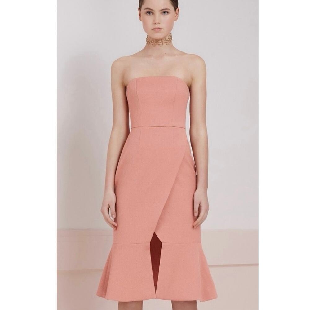Keepsake The Label Strapless Mermaid Midi Dress Slit Coral Pink Peach Cocktail S